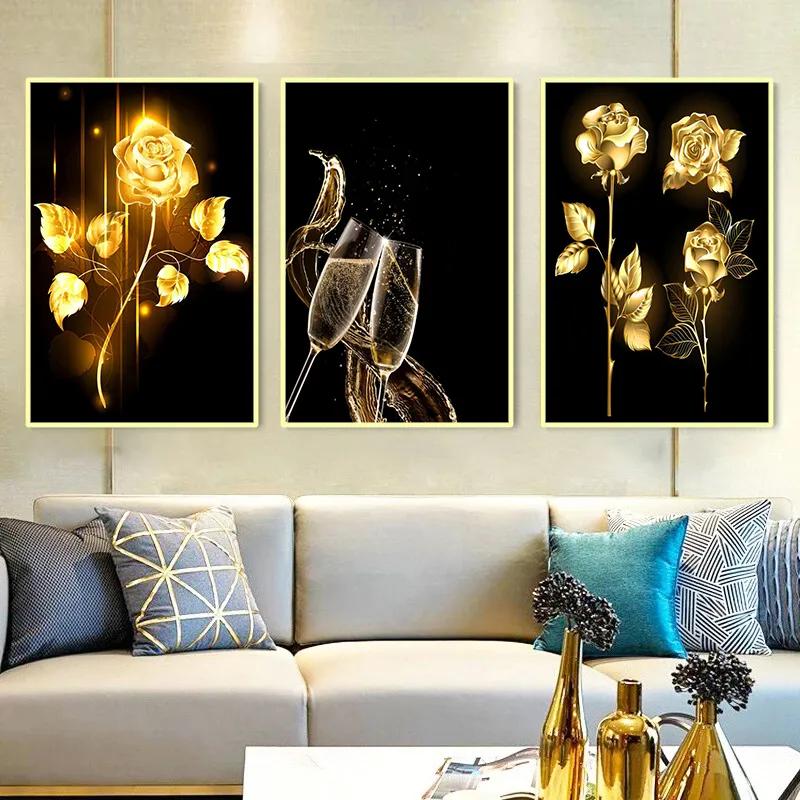 

Современный черный золотой цветок стеклянный холст плакат печать абстрактное настенное искусство роспись украшение дома скандинавское украшение гостиной