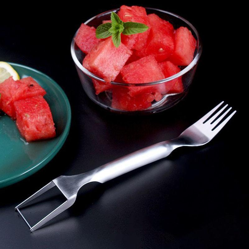 2-in-1 Watermelon Fork Slicer Cutter Portable Stainless Steel Slicer Fruit Salad Knife Fork Carving Gadgets for Family Parties