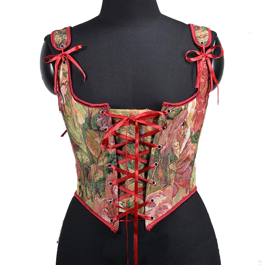 Red Sexy Bustiers Floral Bustier Crop Top Lace Up for Tank Tops Waist Cincher Corset With Straps Corset Tops To Wear Out