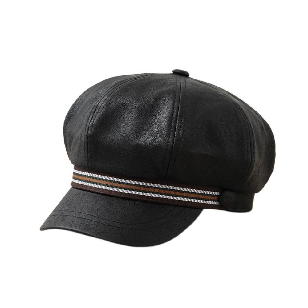 Windproof Octagonal Hat Warm Painter Hat Personality Pu Leather Beret  Autumn