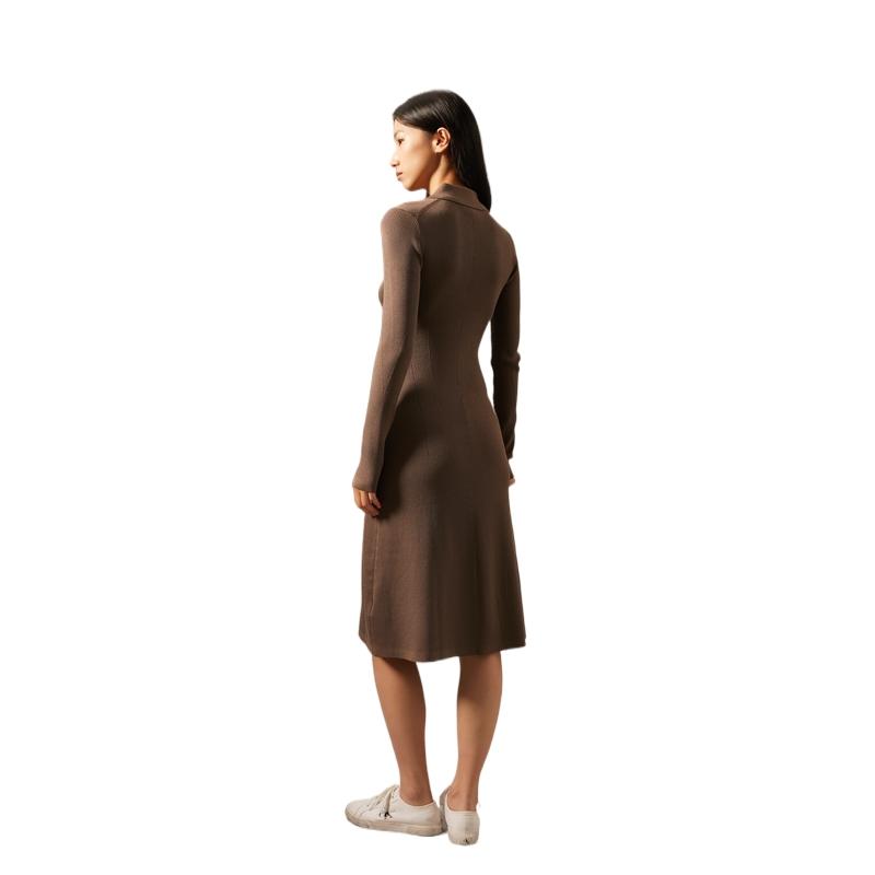 Calvin Klein Casual Embroidered Four-Button Knit Polo Long Sleeve Dress Women Dresses Dark-Gray-Brown J224574