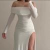 Off-Shoulder Women Sexy High Slit Evening Party Slim Dresses Elegant Fashion Gown Hot Girl Solid White Long Sleeve Bodycon Maxi Dress Female Clothes
