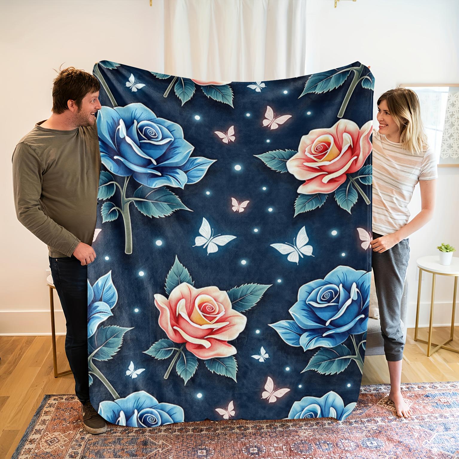 Luxurious Blue Roses Print Throw Blanket - Navy Background with Pink/Blue Roses - Soft Flannel-like Texture - All-Season Couch, 130x150cm51x59in