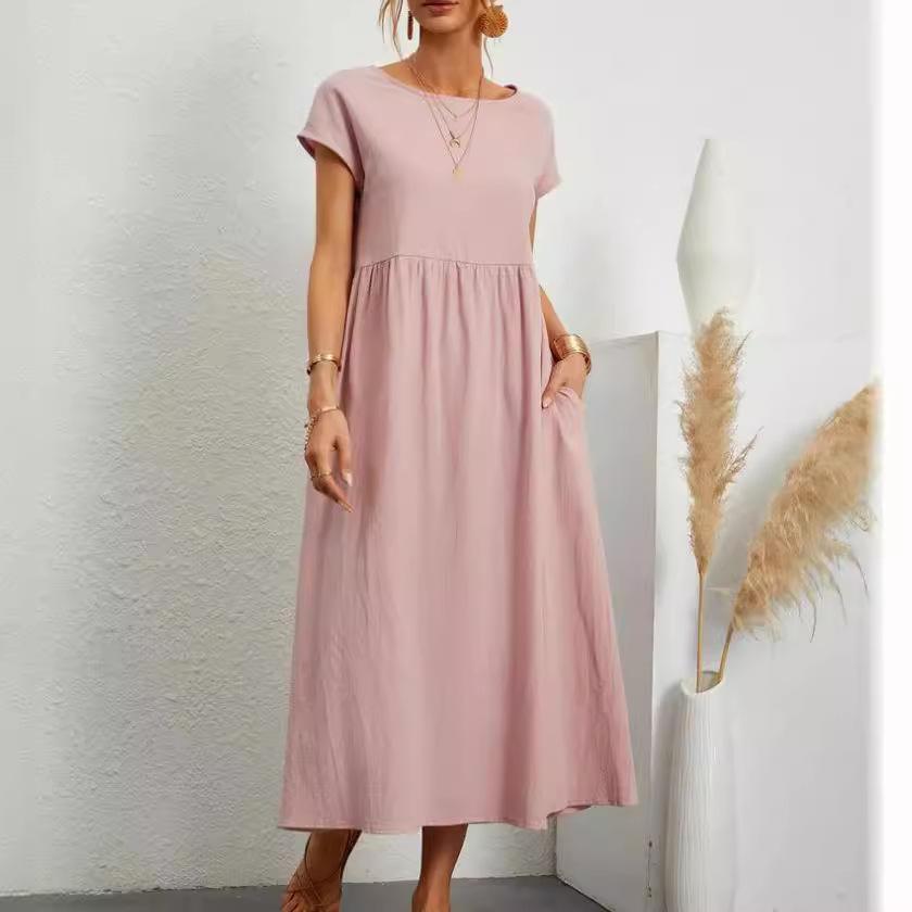 European and American Solid Color Sleeveless Loose Cotton and Linen Pocket Dress