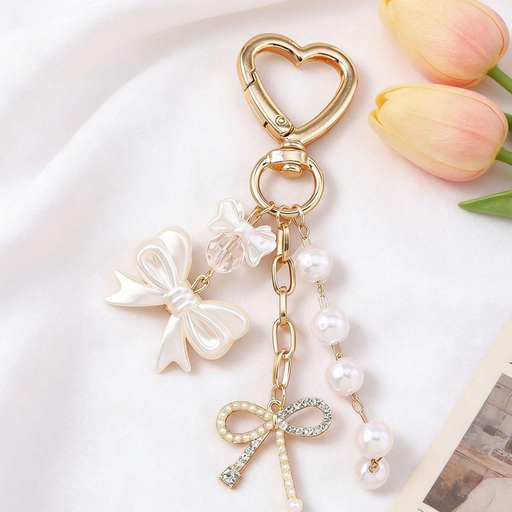 DIY Rhinestone Pendant Zinc Zinc Alloy Bag Charm Trendy Pearl Bow Keychain  Bag Ornament