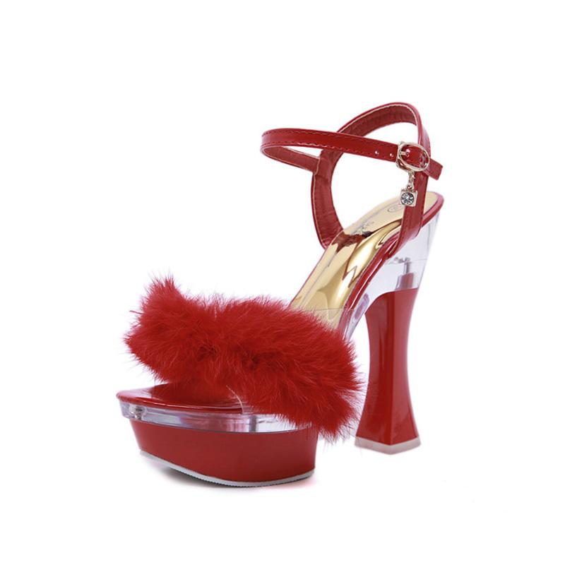 Women's Sandals 14cm High Heel Fluffy Sexy Thick Heel Rhinestone Metal Buckle Fairy 10365 Series 14cm Heel 4cm Platform LFD