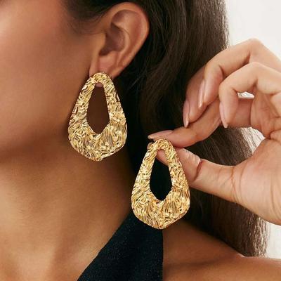 PuRui Punk Hollow Out Gold Color Wrinkled Texture Pendant Earrings Vintage Irregular Geometric Drop Earrings Female Zircon New