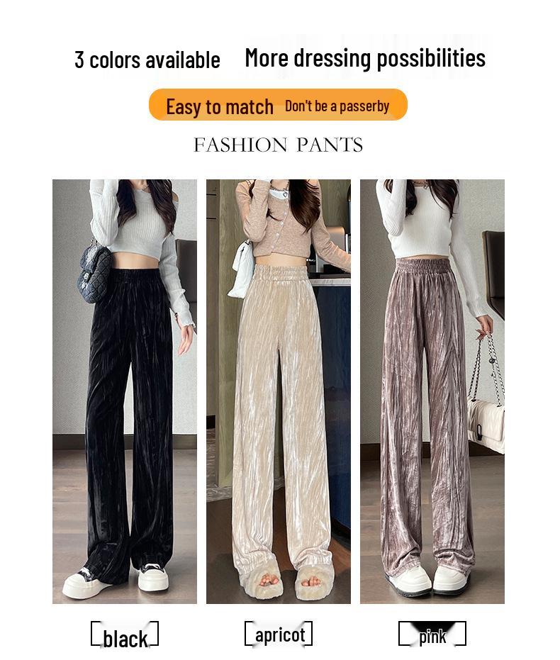 Golden Velvet High-Waist Fleece-Lined Wide-Leg Pants for Women - Slimming & Casual Autumn/Winter Trousers