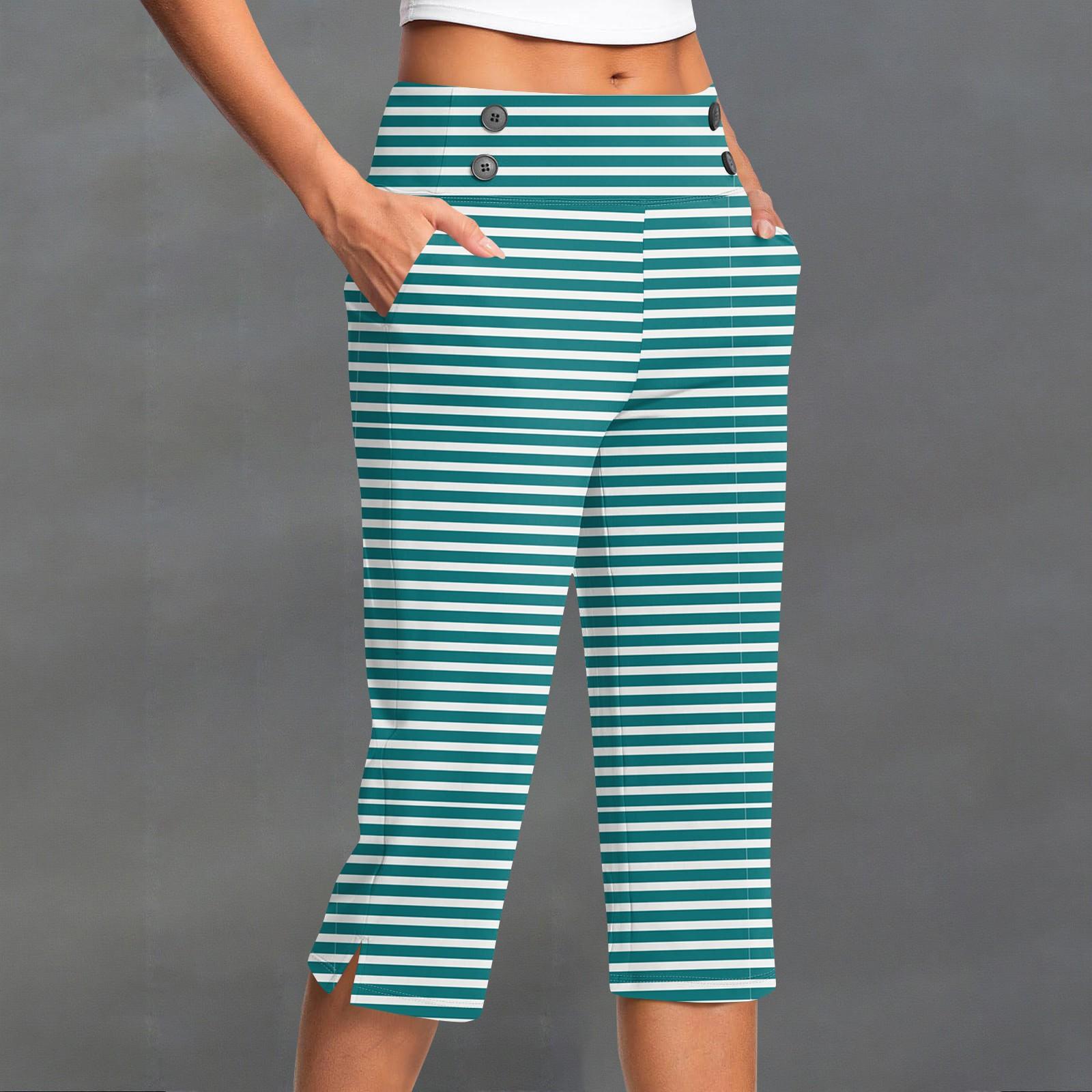 

Женские модные полосатые брюки с пуговицами и карманами, с разрезом, с высокой посадкой, спортивные, для йоги, повседневные, укороченные S