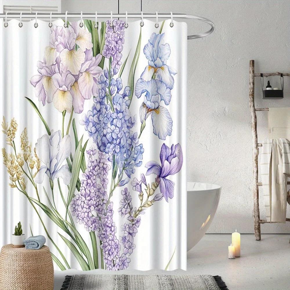 ~O~Lavender Iris & Forget-Me-Not Shower Curtain - Pale Lavender Irises, Blue Forget-Me-Nots, White Lilies, Anti-Fade Polyester W90XH180cm