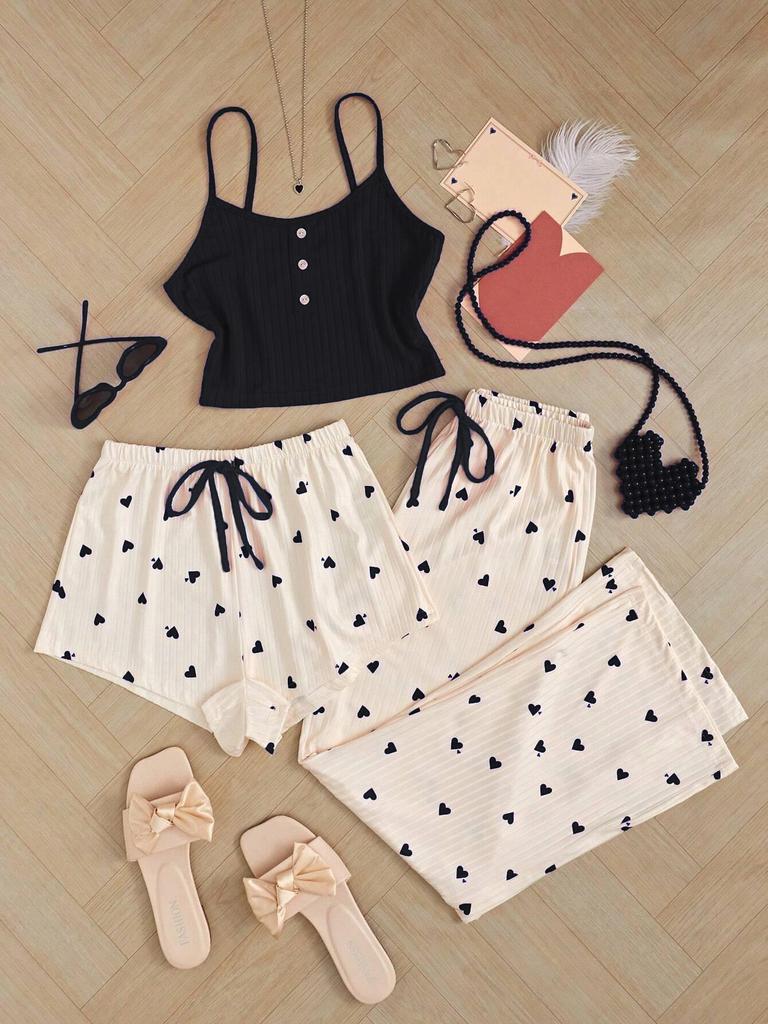 Cross-Border Love Ribbed Camisole Pajama Set - Casual Short & Long Pants for Women