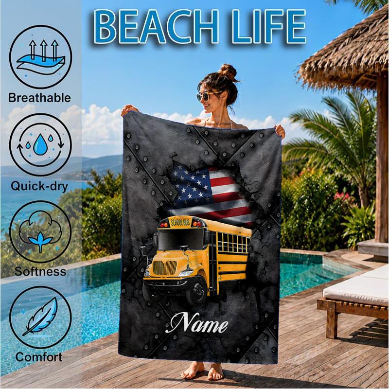 Custom Name Beach Towel School Bus Adventure Microfiber Beach Towel, Lightweight for Summer Travel, Swimming Pool Fan Birthday Gift