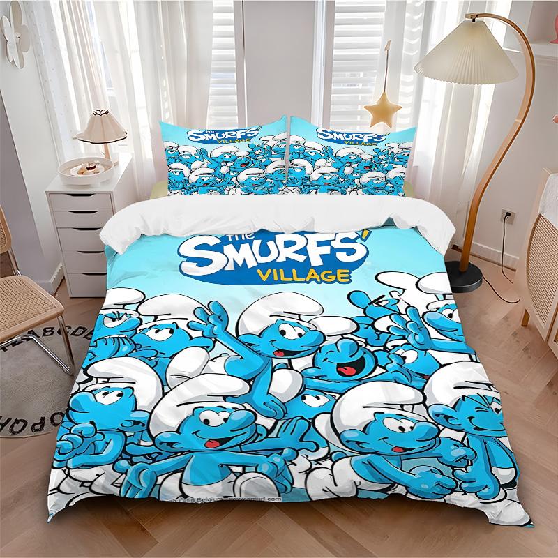 Smurfs' Village Adventure Print 3Pcs Bedding Setduvet Cover With 2 Bedropillowcase Home Birthday Gift