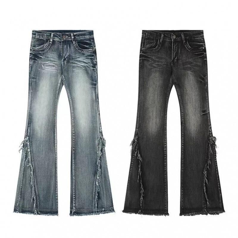 Womens Relaxed Fit Wide Leg Jeans With Raw Hem Detail Mid-Rise Flared Trousers Fall Winter