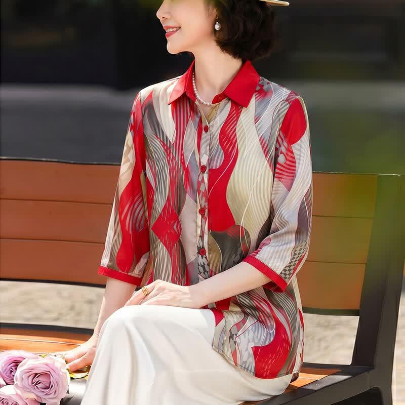 Women's Printed Satin Polo Collar Seven-Sleeve Shirt
