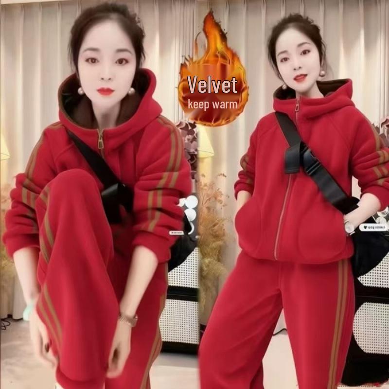 Korean High-End Casual Hoodie & Wide-Leg Pants Velvet Set