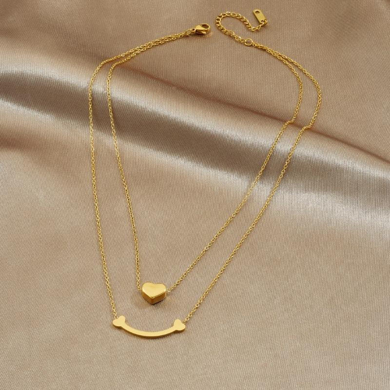 Gold Plated Double Layer Necklace with Heart and Smile Pendant