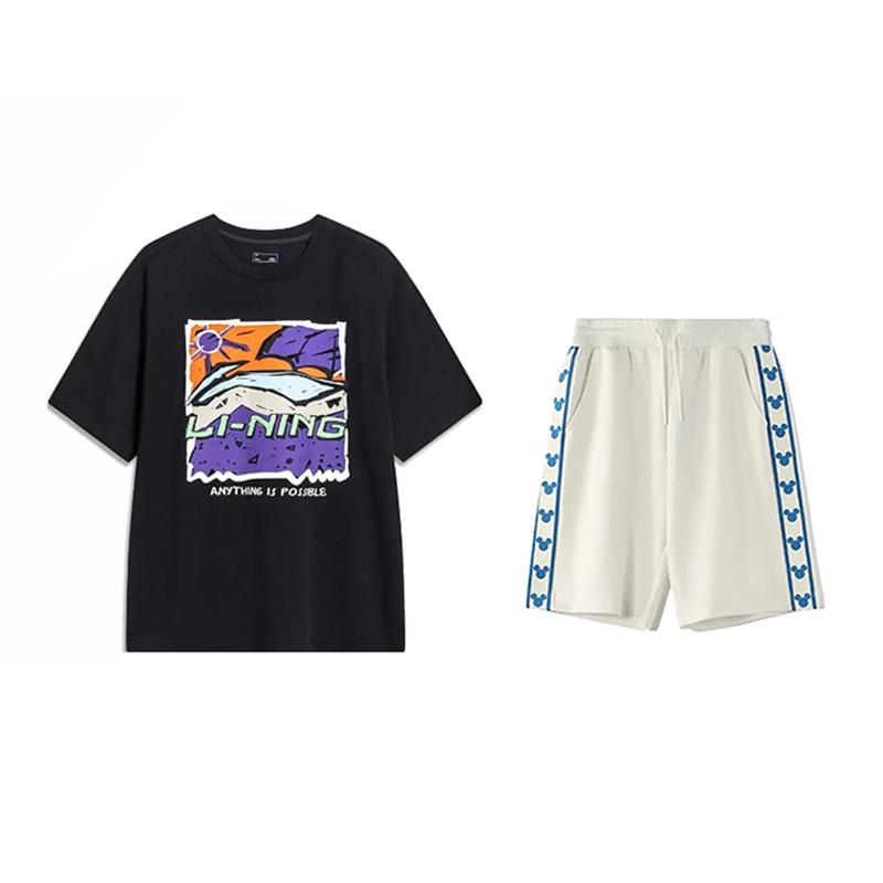 

Li-Ning Cartoon Print Round Neck Short Sleeve T-Shirt Comfortable Skin-Friendly Versatile Shorts Casual Sports Set Unisex sets AHST543-2+YKSV129-1