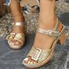 Fashion Gold Glitter Ankle Strap Sandals Women High Square Heels Summer Shoes Woman Ankle Strap Shiny Sequin Gladiator Sandles Mujer 43