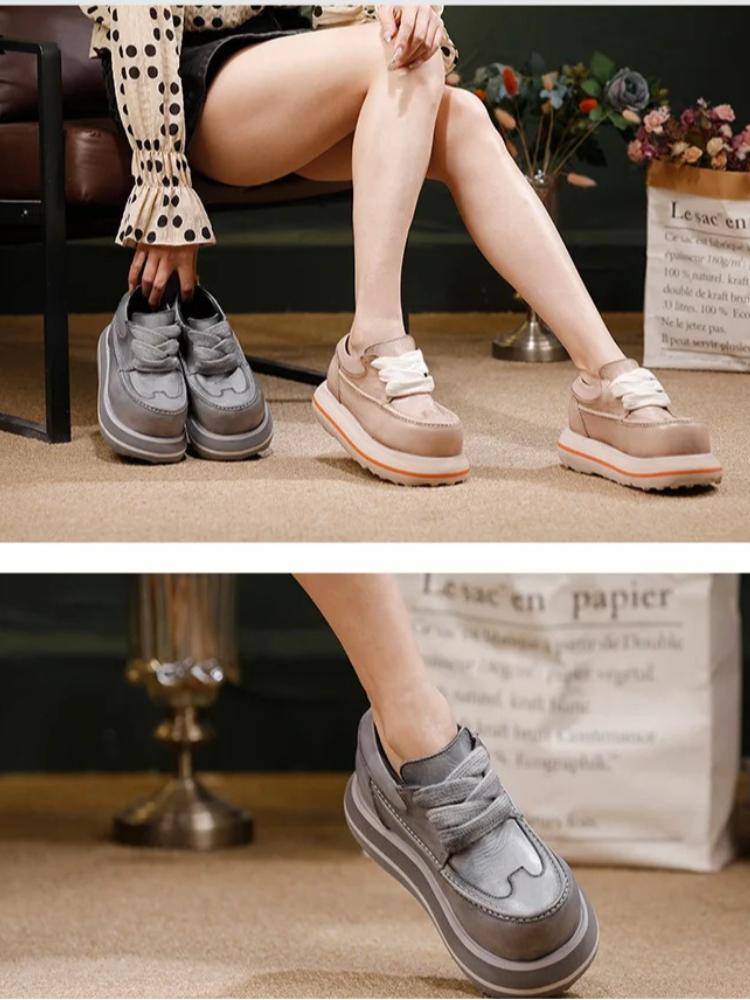 Johnature Genuine Leather Thick Soled Height Increasing Shoes Retro Lace Up Versatile High-heeled Pumps