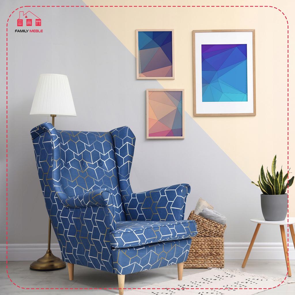ARI PRINT Scandinavian Family Furniture Wing Chair, Gold, Navy Blue, Leaves