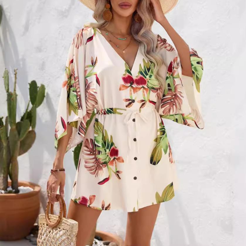 

GMXIA Женская мода Лето Весна с цветочным принтом с коротким рукавом и v-образным вырезом с высокой талией повседневные платья XXL бежевый