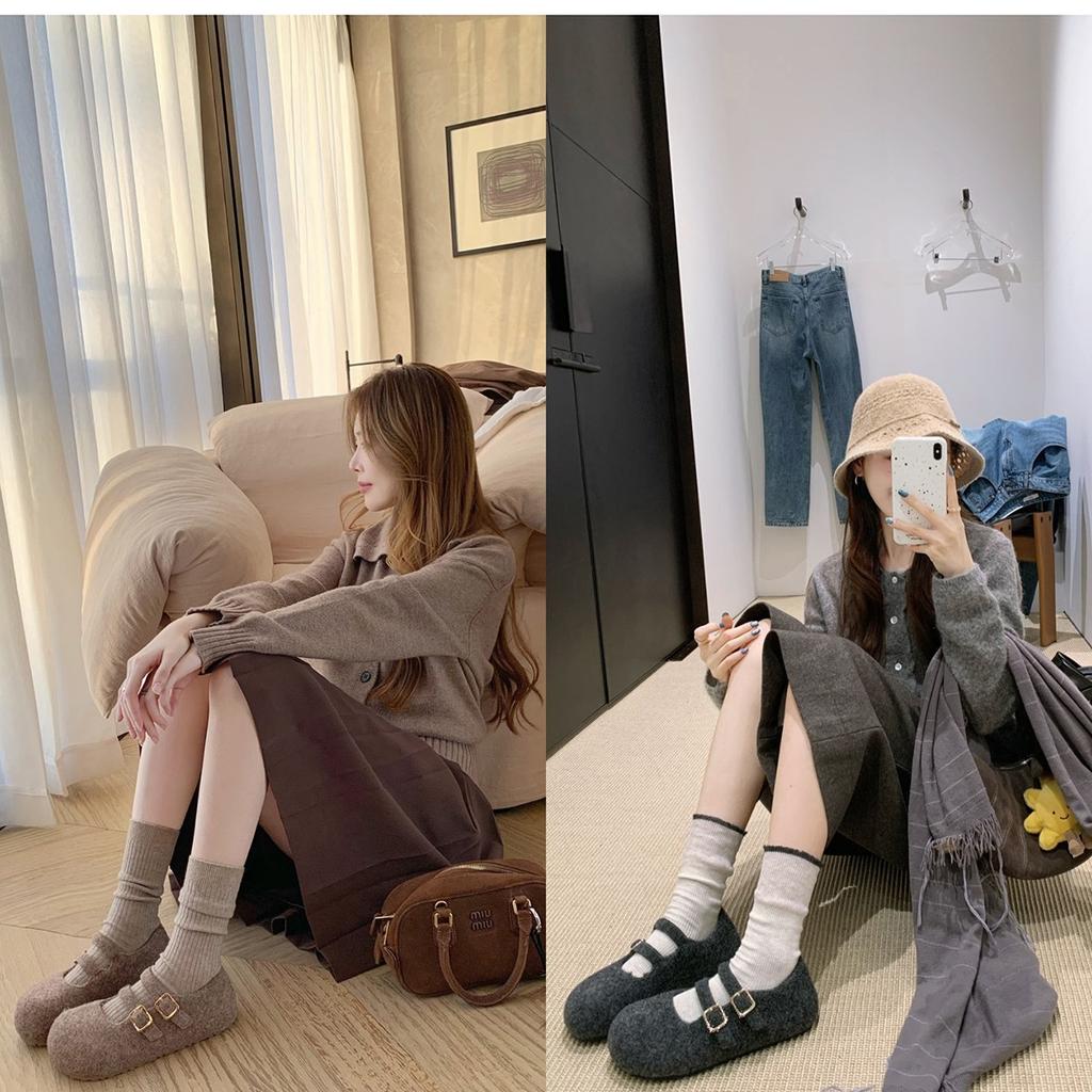 Fan Gui ~ Height Increase 3.5cm ~ Round Toe Double Buckle Birkenstock Wool Mary Jane Wool Single Shoe Girl