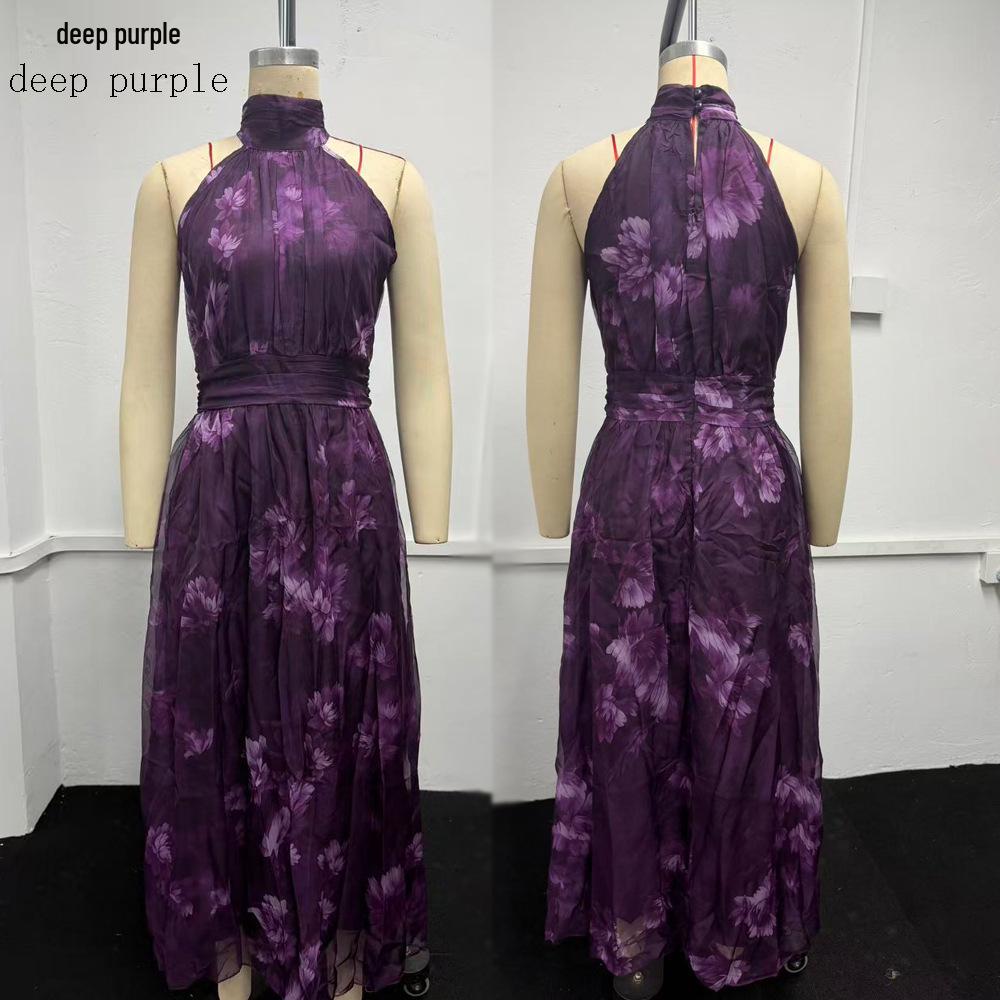 Maxikleid mit unregelmäßigem Schlitz, Mesh-Print, Falten und Spaghettiträgern für Damen (Modelljahr 2026)