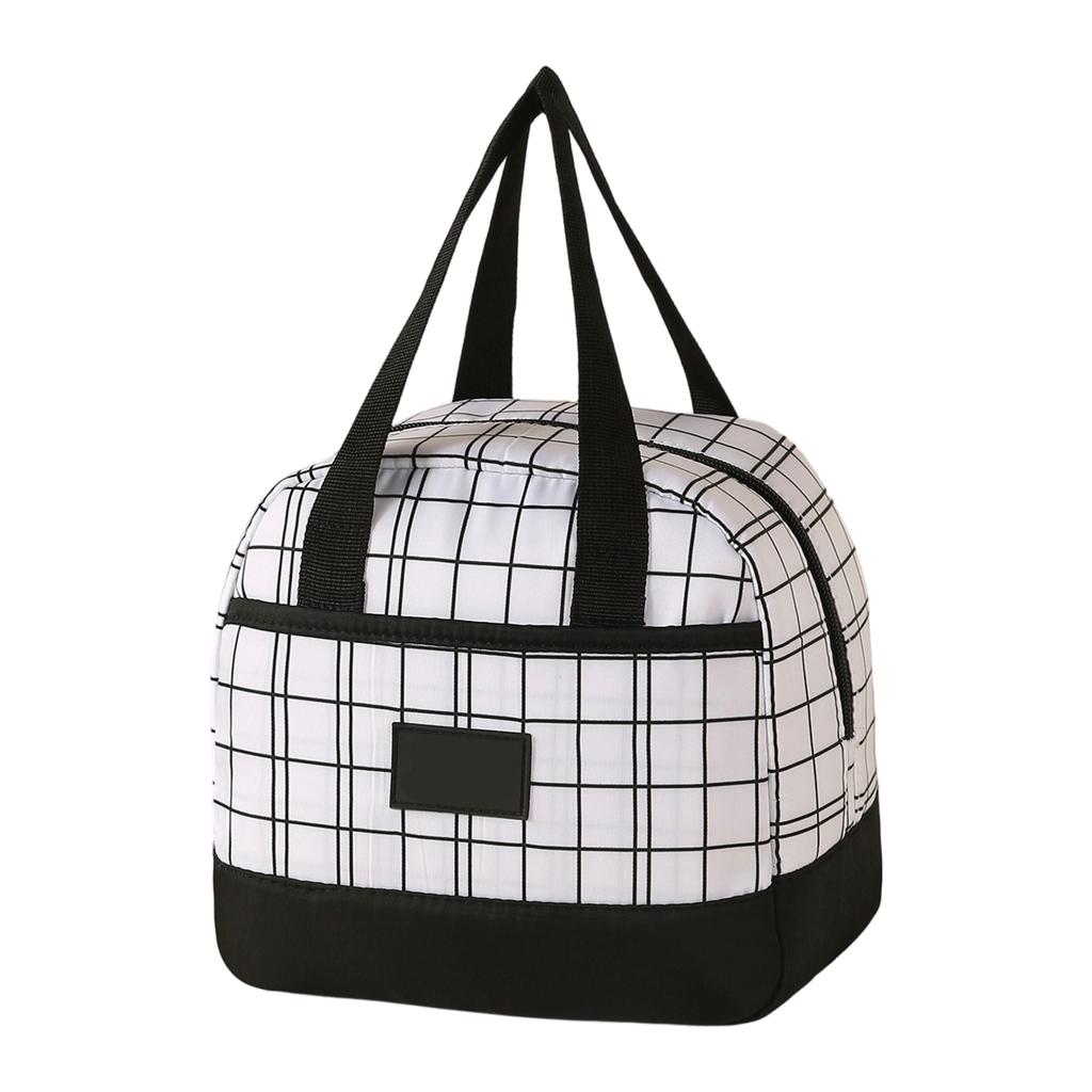 Insulated Lunch Tote Bag Oxford Fabric Grid Pattern Durable Handheld Lunch Bag with Zipper Closure and Front Pocket for Work School Travel
