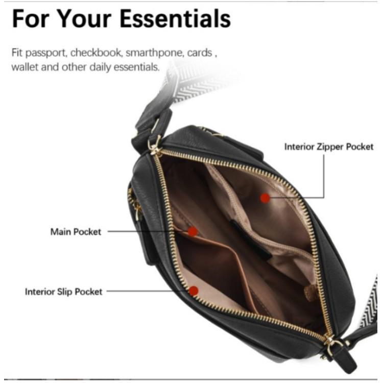 Nowa Damska Mała Skórzana Torba Crossbody z Trzema Zamkami i Kolorowym Paskiem - Torebka na Ramię na Telefon Komórkowy