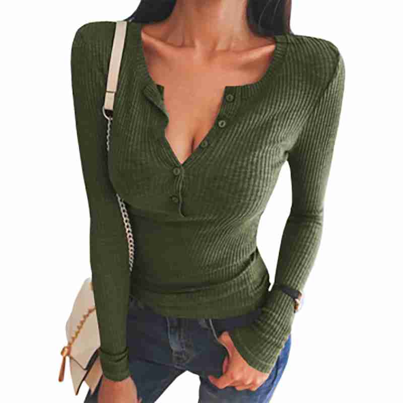 Women Deep V Neck Ribbed Henley Tops 