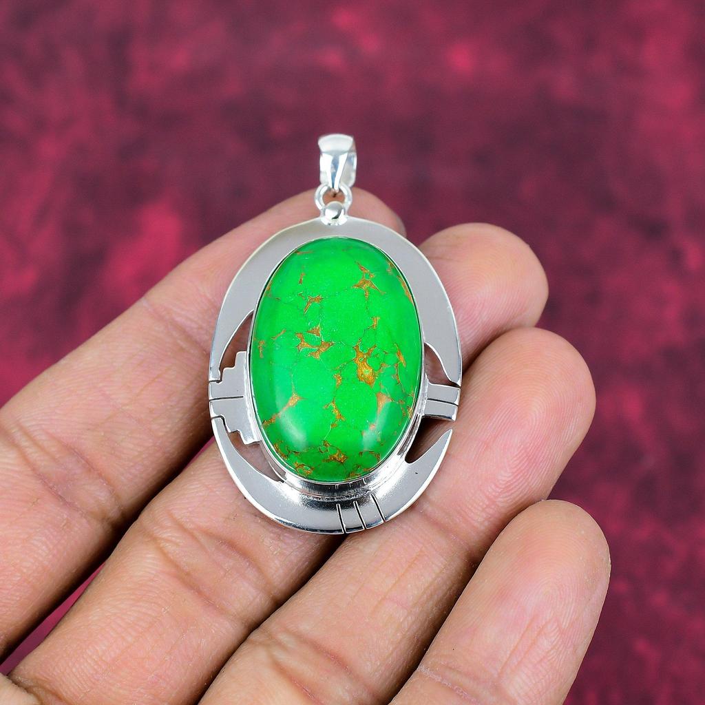 Green Copper Turquoise Pendant, 925 Sterling Silver Pendant Gemstone Jewelry, Handmade Pendant Amazing Jewelry, Gift For Her