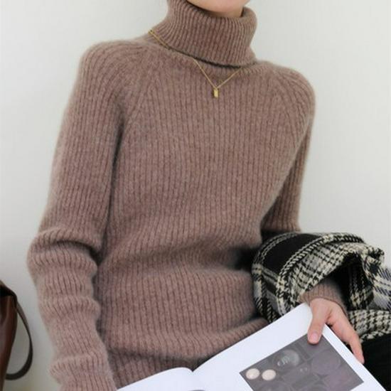 Women's High-Neck Striped Wool Sweater – Thick, Soft, Versatile Knit for Autumn/Winter