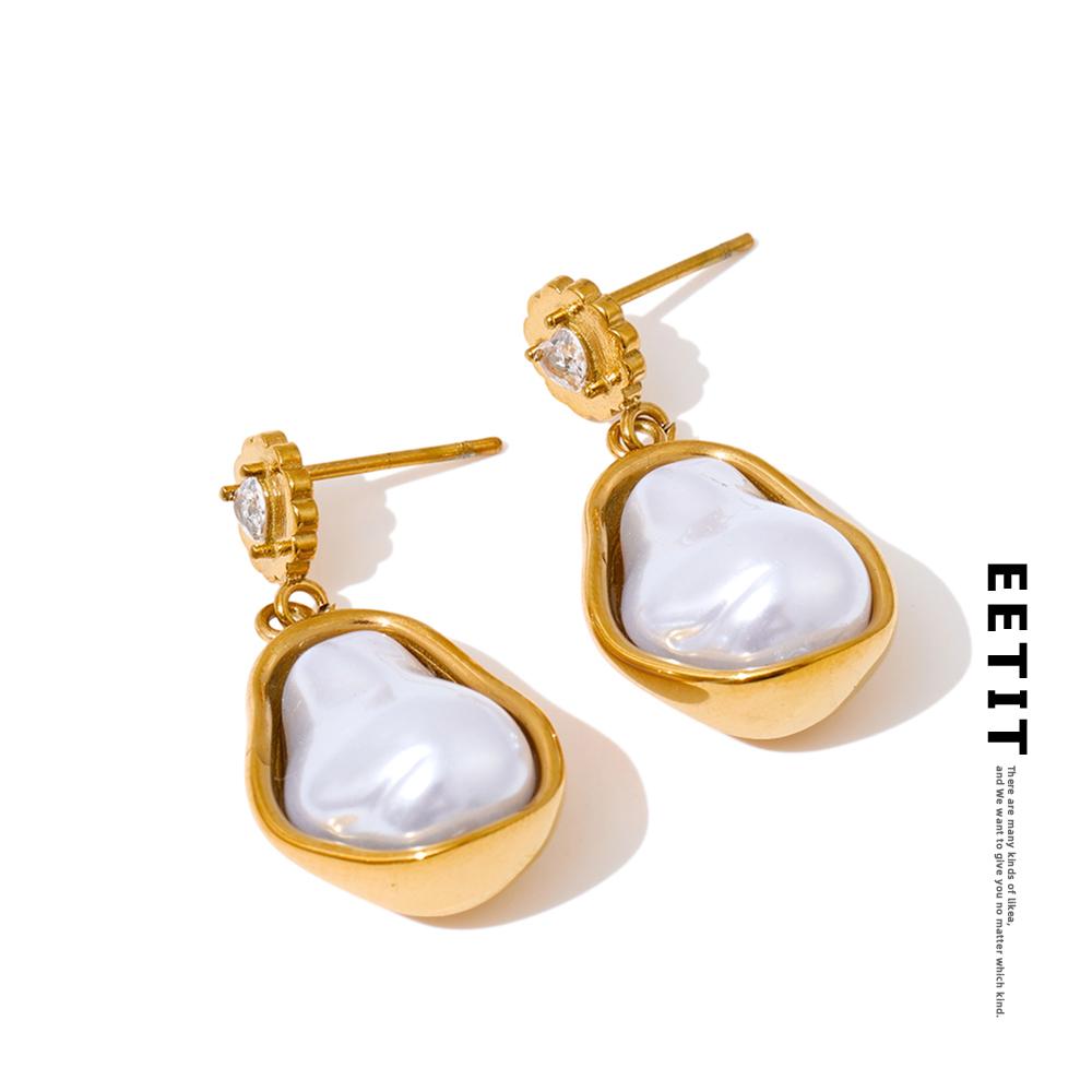 Eetit Baroque Simulated Pearls Zirconia Drop Earrings Golden Stainless Steel Geometric Chic Jewelry for Women Accessories Gift