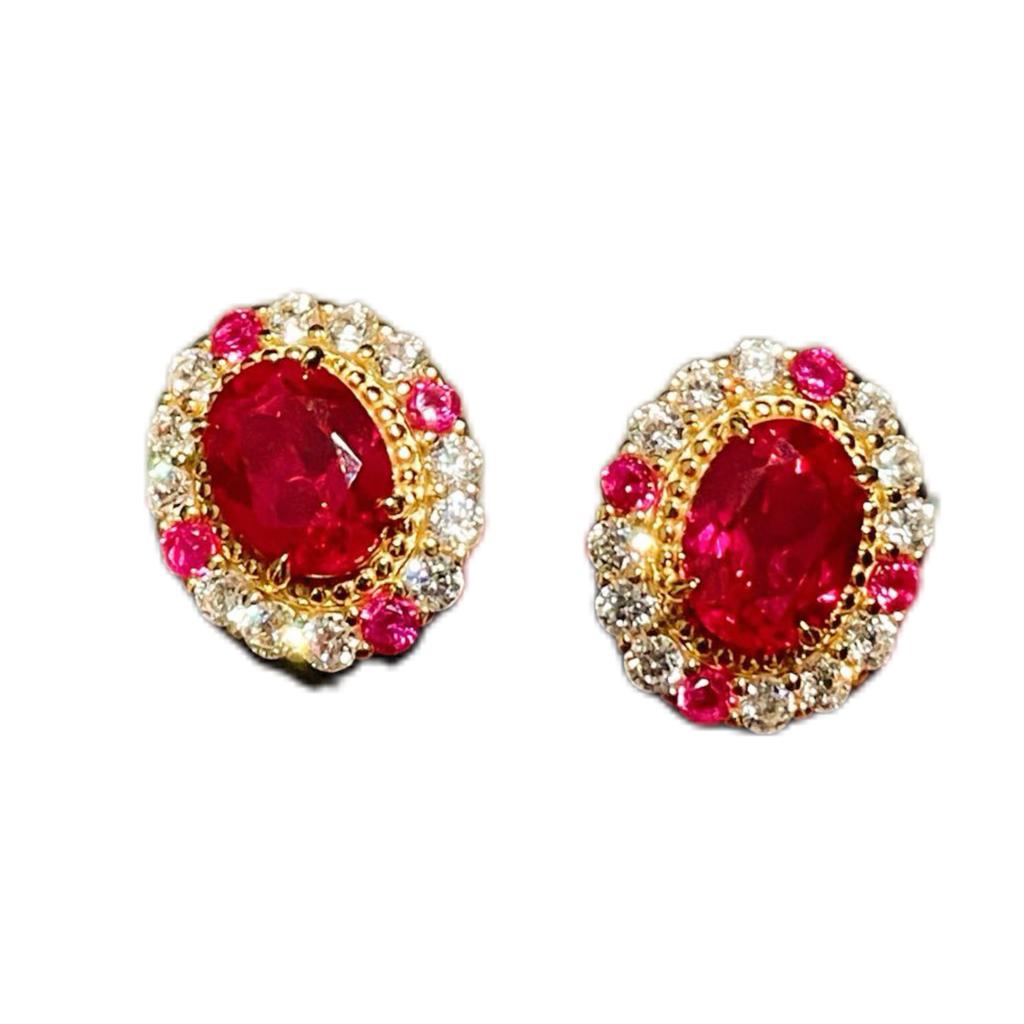 S925 Silver Plated with 18K Gold Empress Series Pigeon Egg Red Gemstone Stud Earrings