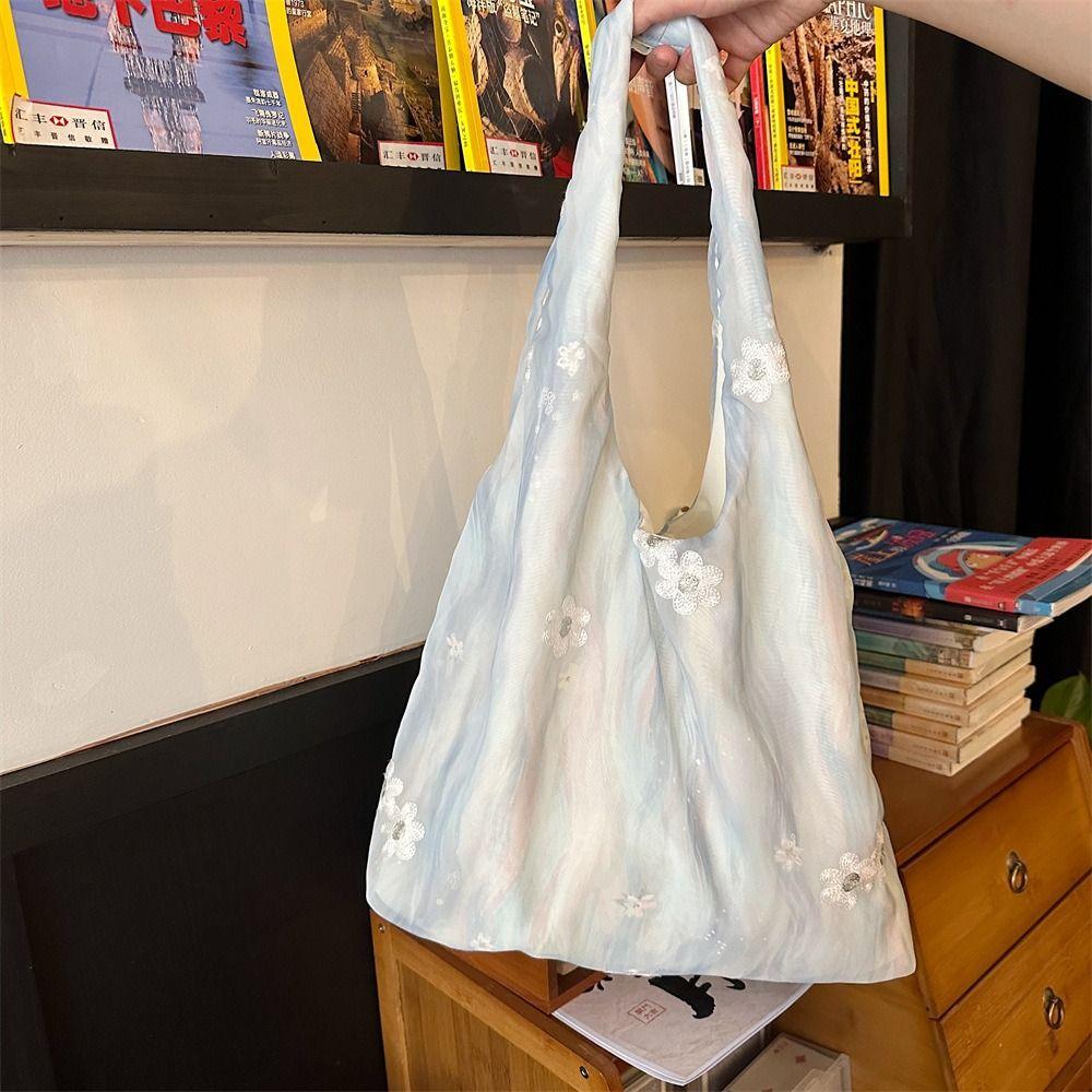 Fresh Color Vacation Tote Bag Large Capacity Shoulder Bag Literary Flower Embroidery Vest Bag  Men