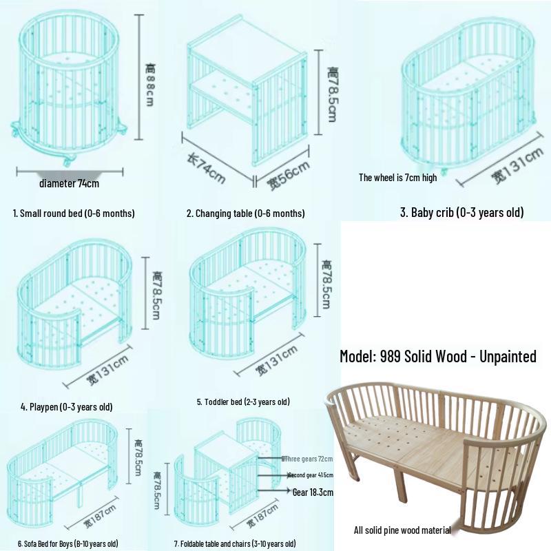 INS Bolin Multifunctional Solid Wood Round Baby Bed: Convertible Twin and Co-Sleeping.