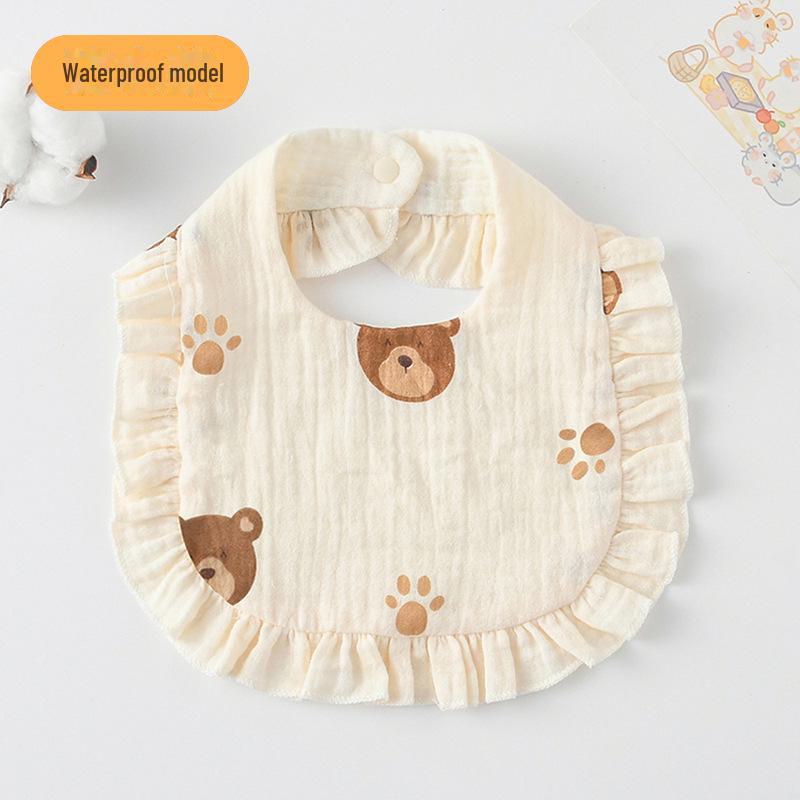 Ruffle Baby Bib: Seven-Layer Waterproof Cotton Gauze with Lace Trim.