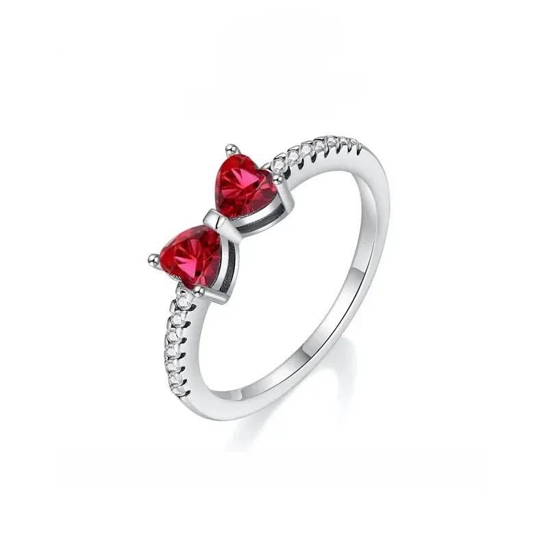 Classic Shiny Red Jewelry 925 Silver Exquisite Heart-shaped Bowknot Ring Necklace Bracelet Women's Jewelry Party Gifts