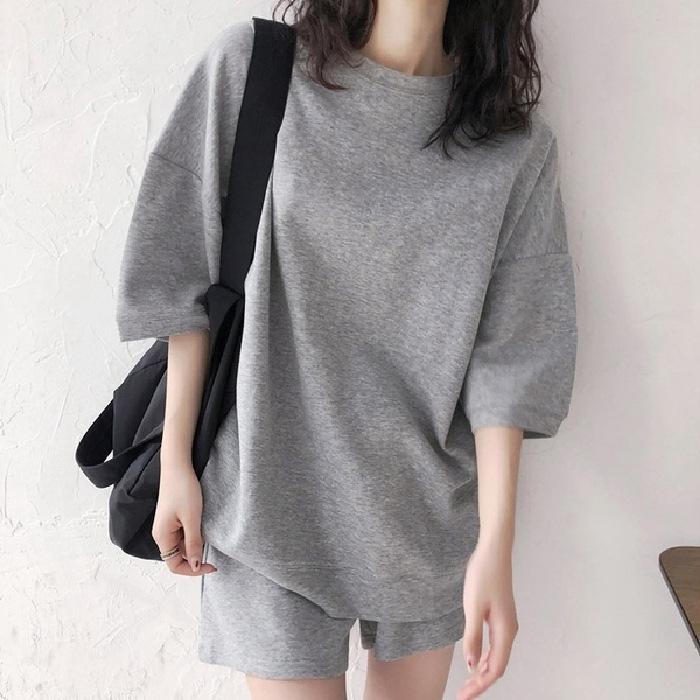 Women Casual Sportswear Set Korean Loose Solid Color Elbow-sleeve Top & Five-point Shorts Two-piece Outfit Ready Stock