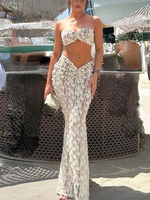 Evening Party Sexy Lace Two Piece Set Women Retro Sweet Patchwork Slim Skirt Sleeveles Suit Female Solid Backless Flower Fashion Beach Sets