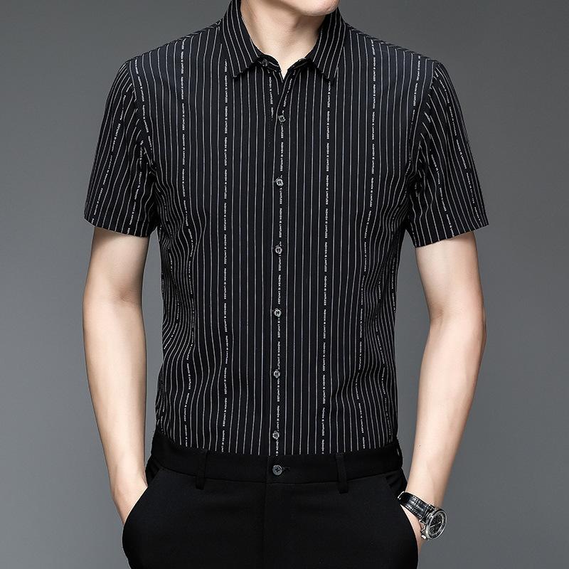 Summer Bamboo Fiber Short-sleeved Shirt Men's Business Casual Vertical Striped Ice Silk Half-sleeved Shirt Men's Clothing