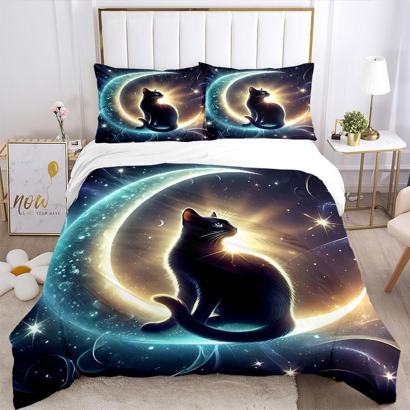 3pcs Anime Cat Moon Stars Bedding Set - Includes One Quilt Cover and Two Pillowcases (No Core) - Home Decor, Festival Gift, Polyester Fabric