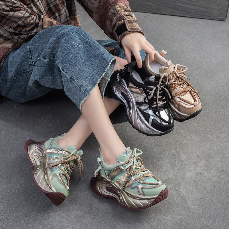 

spring new casual contrasting dad shoes muffin heel heel heightening single shoes fashionable European and American women s shoes 34 зелений