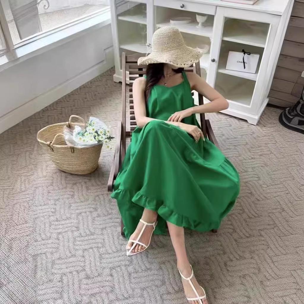 Suspender vest skirt spring new off-the-shoulder vacation versatile ruffle edge long dress