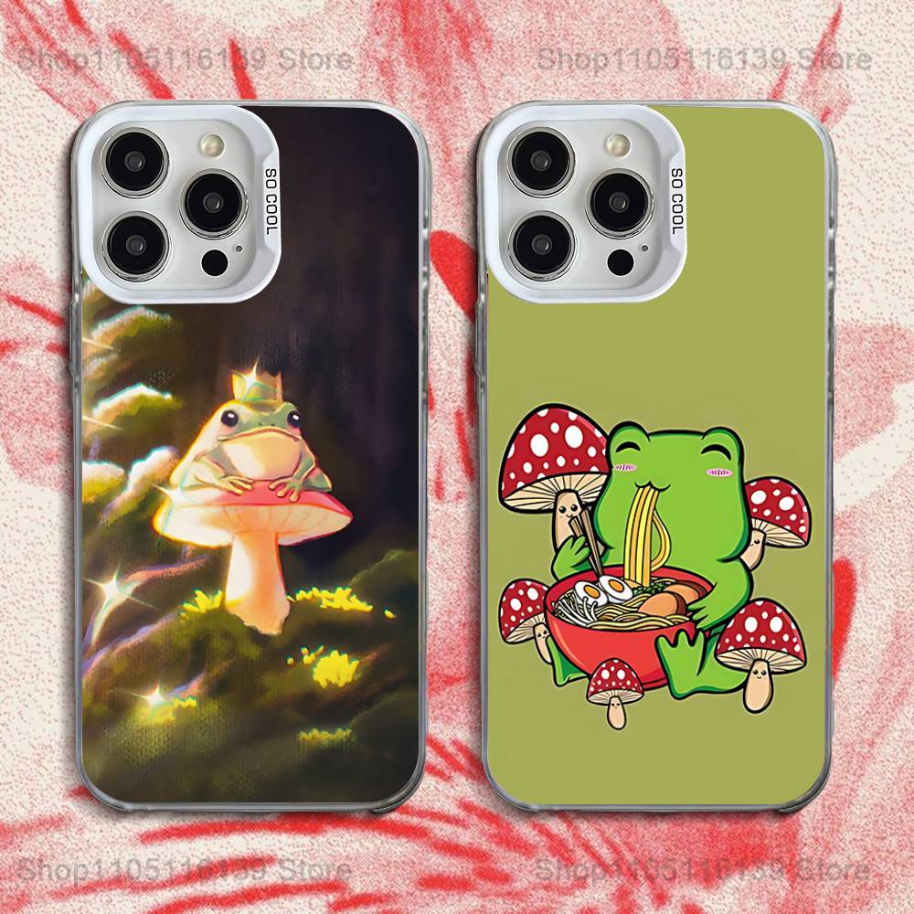 Mint Green The Frog Mushroom Phone Case For iPhone 16,15,14,13,12,11,Pro,XS,Max,Plus,Mini,SE White Candy Matte Shockproof Cover