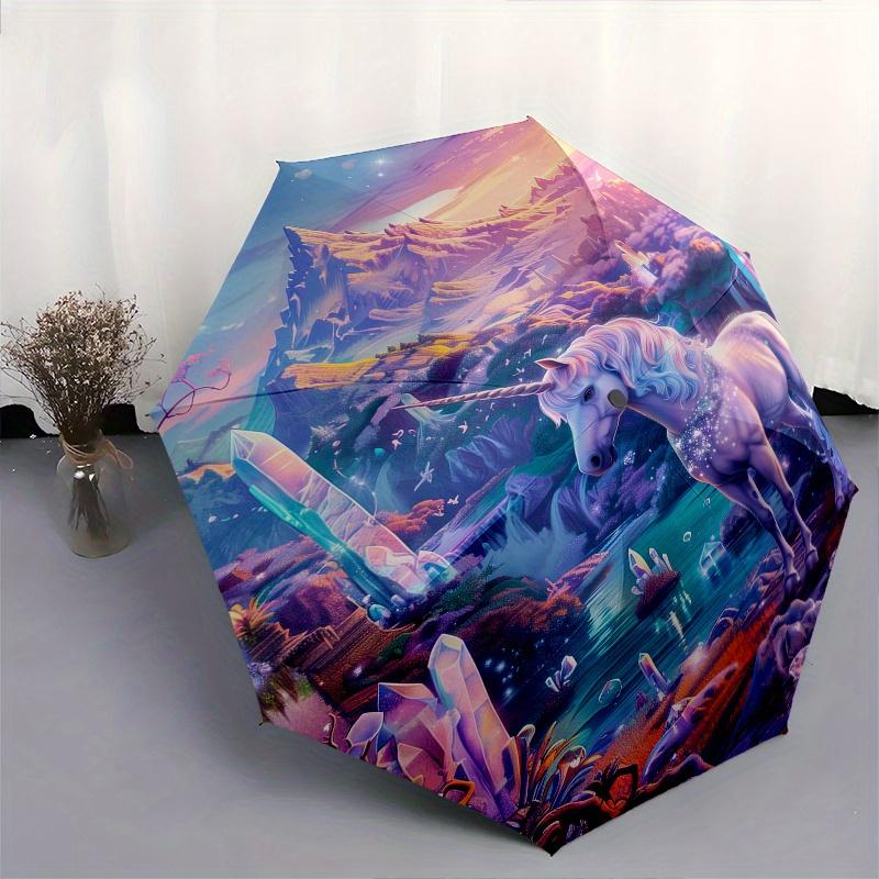 Unicorn Fantasy Theme 8 Bone Hand Automatic Folding Fashion umbrella, Compact and Portable Design, A Perfect Gift for Birthday, Christmas or