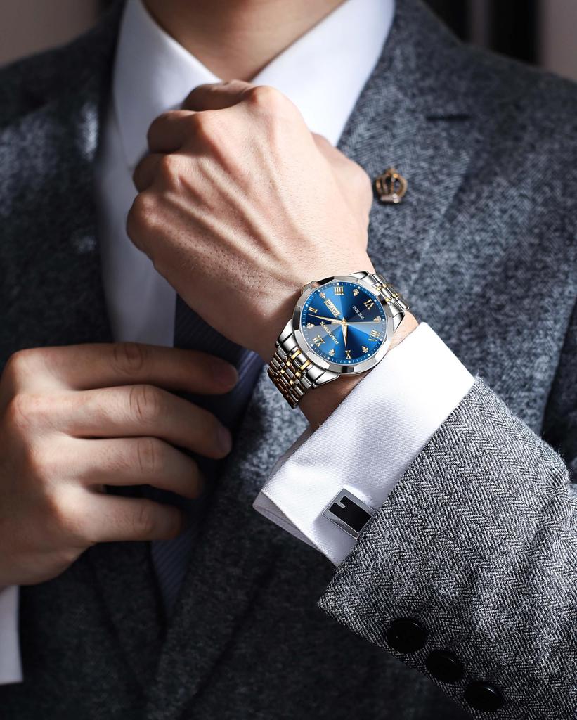 PINDOWS Diamant Business Kleid Analog Quarz Luxus Wasserdicht Leuchtend Datum Edelstahl Klassische Modeuhr Herrenuhr, Anzeige, Zweifarbig