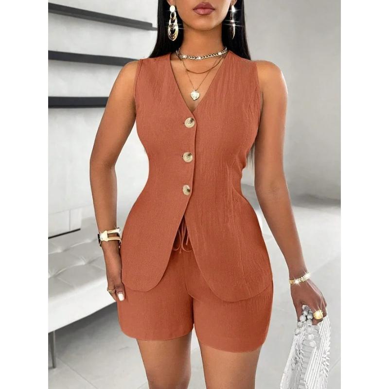 

Женский модный повседневный комплект из 2 предметов Летний топ на пуговицах Элегантный однотонный Офисный Праздничный Костюм с короткими брюками Женская одежда XS коричневый