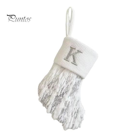 1Pc Christmas White Stocking Letter Embroidery Knitted Handmade Reusable Xmas Tree Hanging Gift Bag Stocking Pendant Party Holiday Decoration